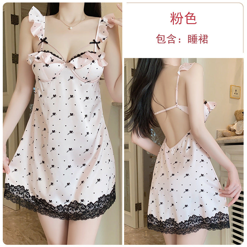 DZ Magnificent and Sexy Deep V Backless Nightdress Pure Desire Temptation with Chest Pads Sweet Ice Silk Nightgown Plus Size Set4909