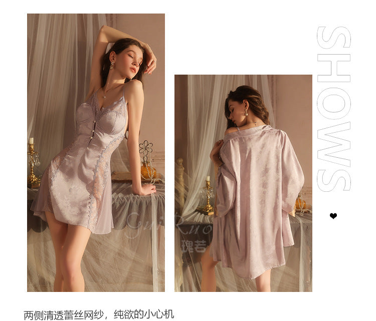 DZ Magnificent and fiery deep V Padded Bra Lingerie Pure Desire Backless Sexy Jacquard Nightdress Robe Home Set C5630