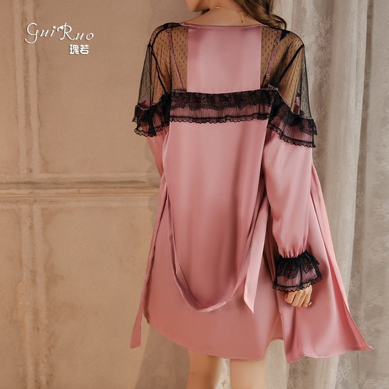 DZ Gorgeous Sexy Backless Temptation Nightdress with Chest Pads Pure Desire Lace Robe Plus Size Loungewear Set P4000