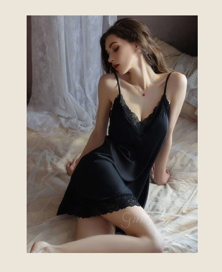 DZ Magnificent and fiery deep V Sexy Backless Lace Smooth Satin Nightdress Set with Chest Pads5585