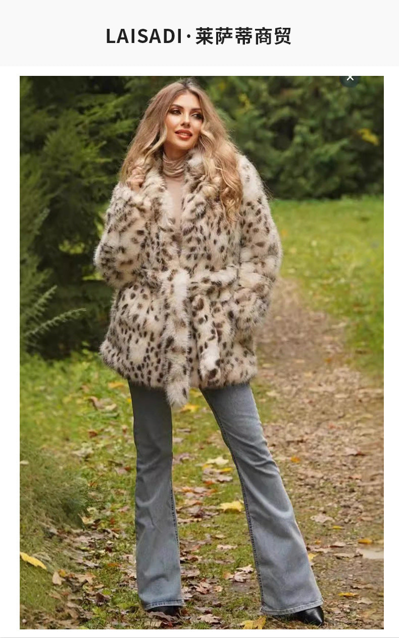 Europe, America, autumn and winter, new plus size women's fur leopard coat, suit collar and long section.