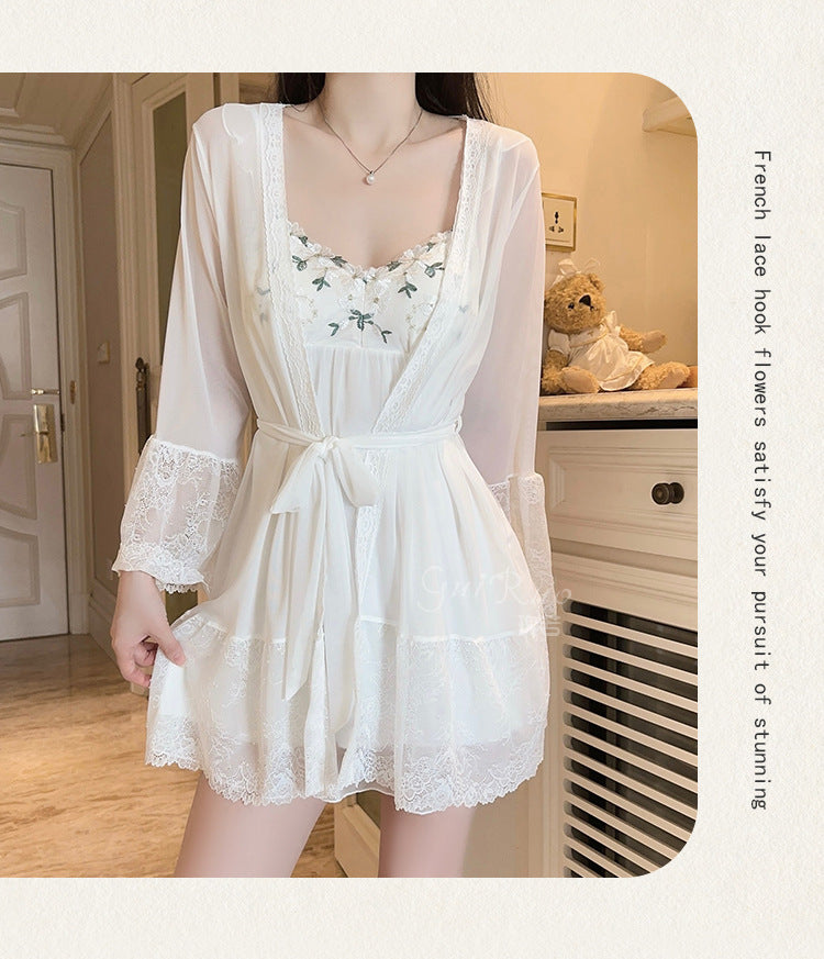 DZ Gorgeous Sexy Nightdress Passionate Temptation with Chest Pads Hot See-through Chiffon Lace Nightgown Robe Set5148