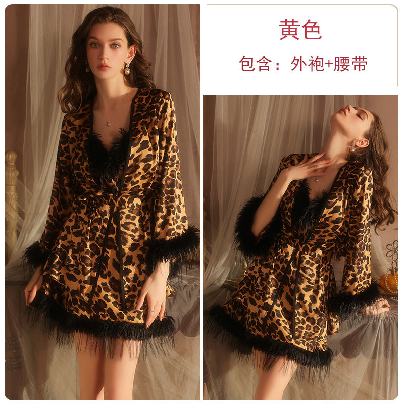 DZ Rose-like Deep V Sexy Women's Nightdress Lazy Fluffy Decor Pure Desire Leopard Print Satin Nightgown Robe Set5713