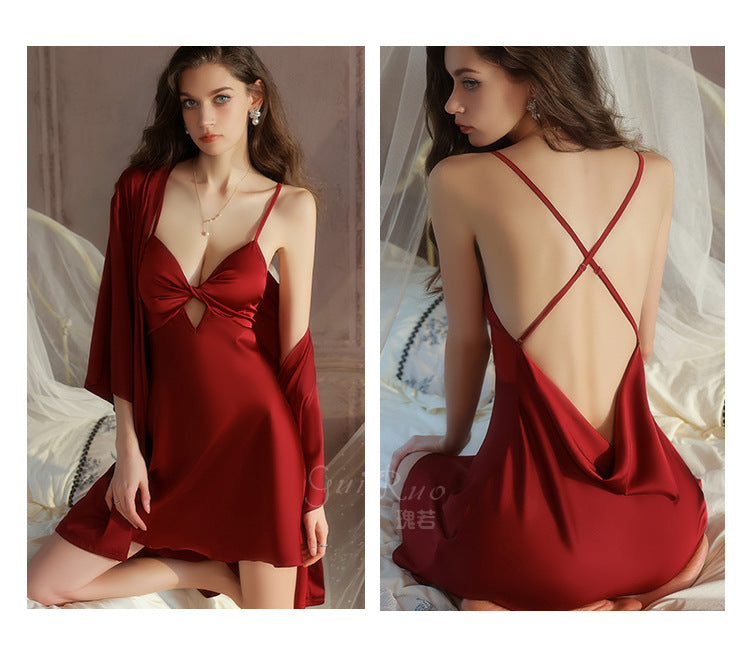 DZ Graceful Lady Sweet Light Luxury Satin Lingerie Passionate Hot Chest Pad Backless Nightdress Robe Set5591