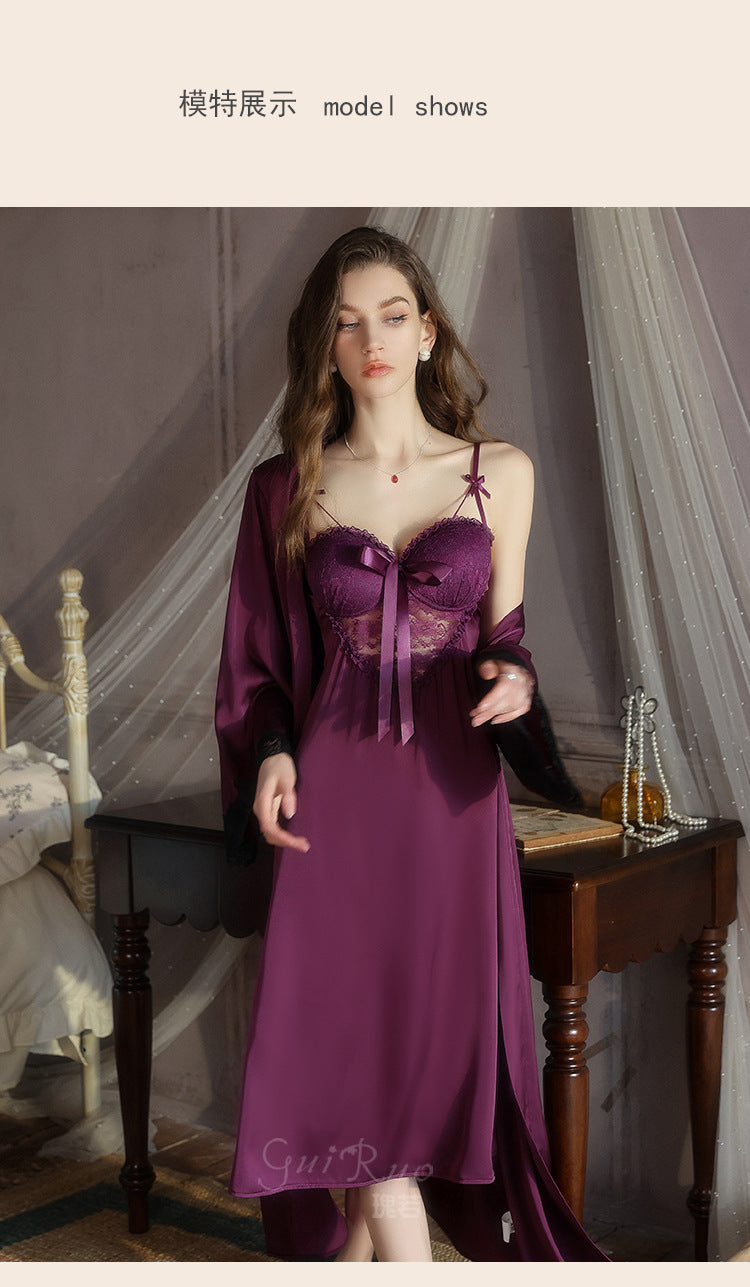 DZ Gorgeous Sexy Satin Nightdress Light Luxury Sweet Lace Deep V Gathered Padded Nightdress and Robe Set5045