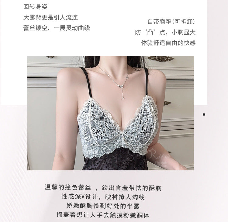 DZ Gorgeous Passionate Hot Backless Nightdress Sexy Push-Up with Chest Pads Sweet Jacquard Velvet Nightgown Set5838