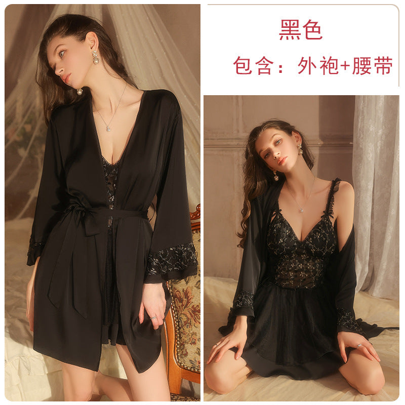 DZ Luxurious Ice Silk Lingerie Sweet Temptation Lace Deep V Padded Nightdress with Open Front Robe Set M5516