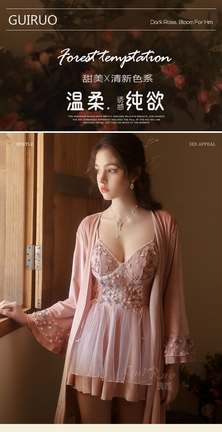 DZ Gorgeous Sexy Backless Temptation Velvet Sweet Underwire Gathered Camisole Nightdress Robe Loungewear C5240