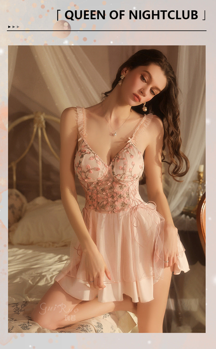 DZ Luxurious Ice Silk Lingerie Sweet Temptation Lace Deep V Padded Nightdress with Open Front Robe Set M5516