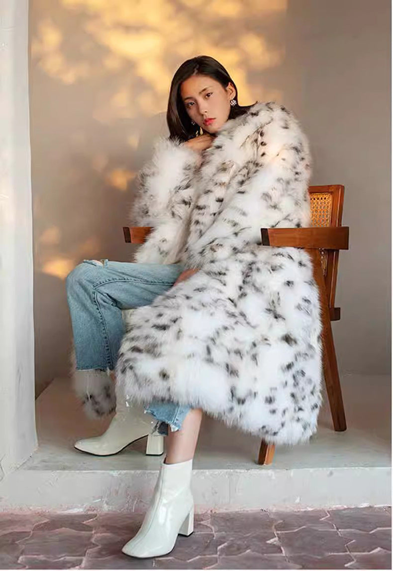 Winter Korean Style Leopard Print Shearling Coat for Women, Long Suit Collar Fox Fur Mink Coat
