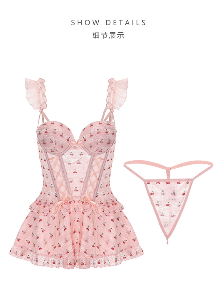 DZ Gorgeous Light Luxury Playful Printed Sexy Lingerie Hot Hollow Mesh Padded Nightdress Uniform Set4399