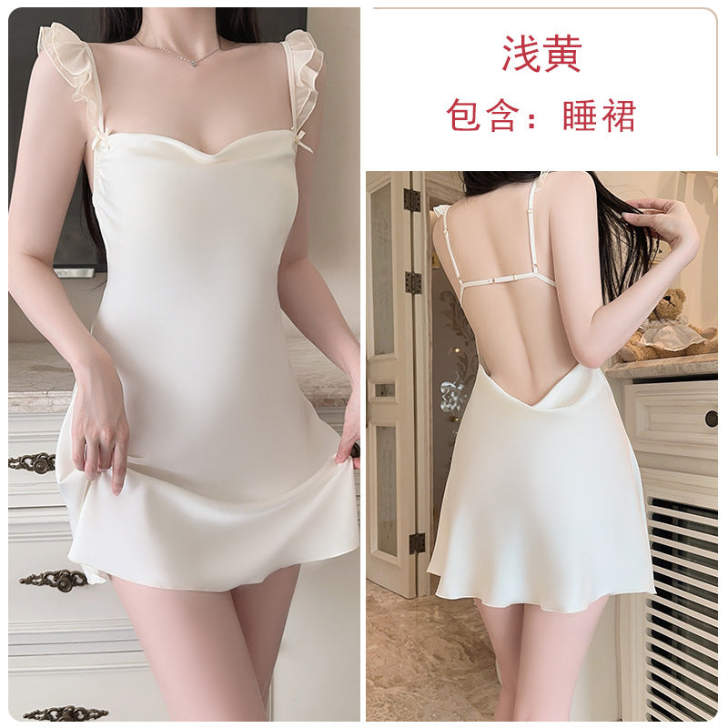 DZ Gorgeous Passionate Hot Backless Nightdress Pure Desire Sexy Waist-Cinching Deep V Ice Silk Nightdress Set with Chest Pads5262