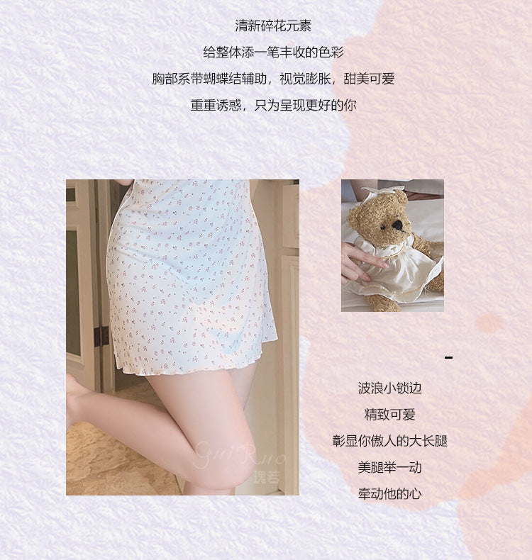 DZ Rose-like Deep V Push-Up Padded Bra Pure Desire Temptation Slim Sexy Printed Nightdress Plus Size Set5841