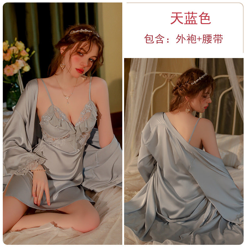 DZ Gorgeous Sexy Palace Style Padded Strap Nightdress Lace Robe Pure Desire Women's Homewear Set J2708