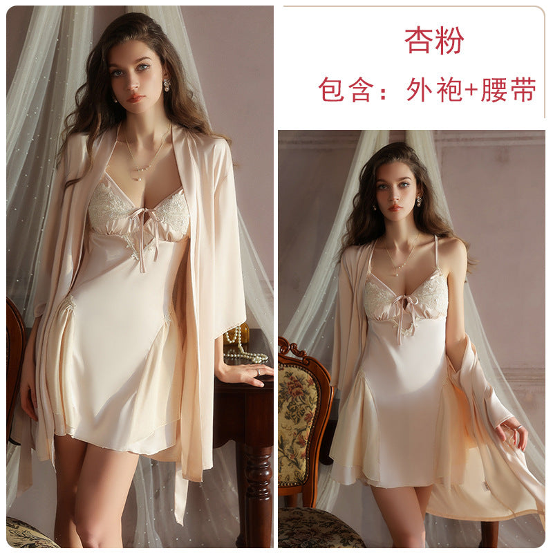 DZ Luxurious Plus Size Light Luxury Ice Silk Lingerie Passionate Hot Backless Padded Nightdress Robe Homewear Set4940