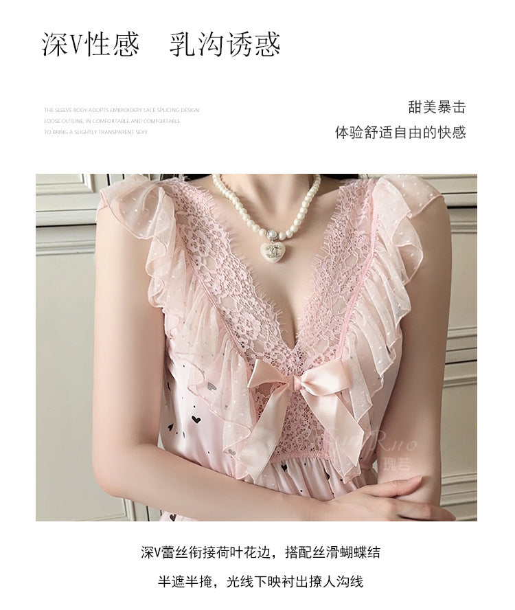 DZ Gorgeous Passionate Hot Low-Cut Nightdress Light Luxury Sheer Mesh Lace Sexy Satin Nightgown Women's Set5205