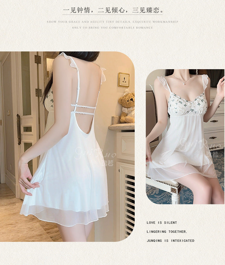 DZ Gorgeous Sexy Nightdress Passionate Temptation with Chest Pads Hot See-through Chiffon Lace Nightgown Robe Set5148