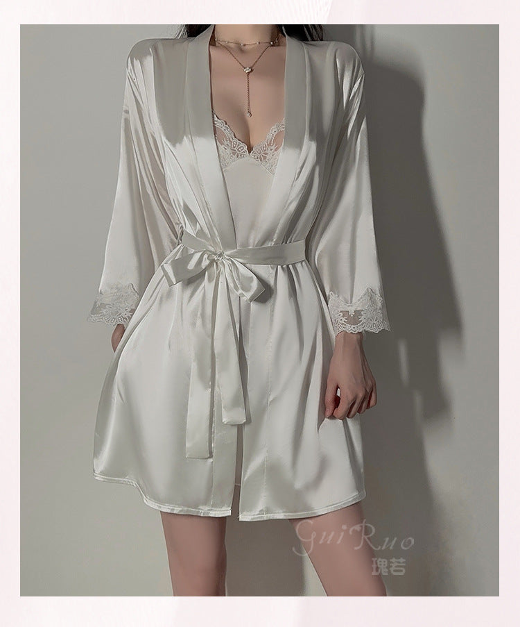 DZ Magnificent and fiery deep V Low-Cut Lingerie Pure Desire Simple Smooth Ice Silk Nightdress Lace-Up Robe Women's Set5149