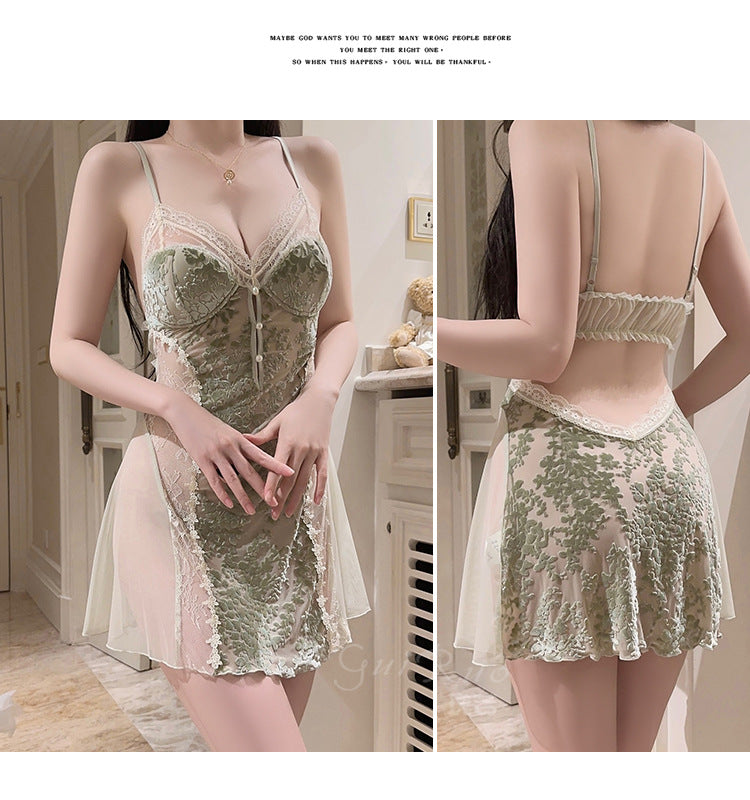 DZ Rose-like Deep V Padded Sleepwear Sweet Lazy Mesh Sexy Velvet Nightdress Robe Home Set C5928