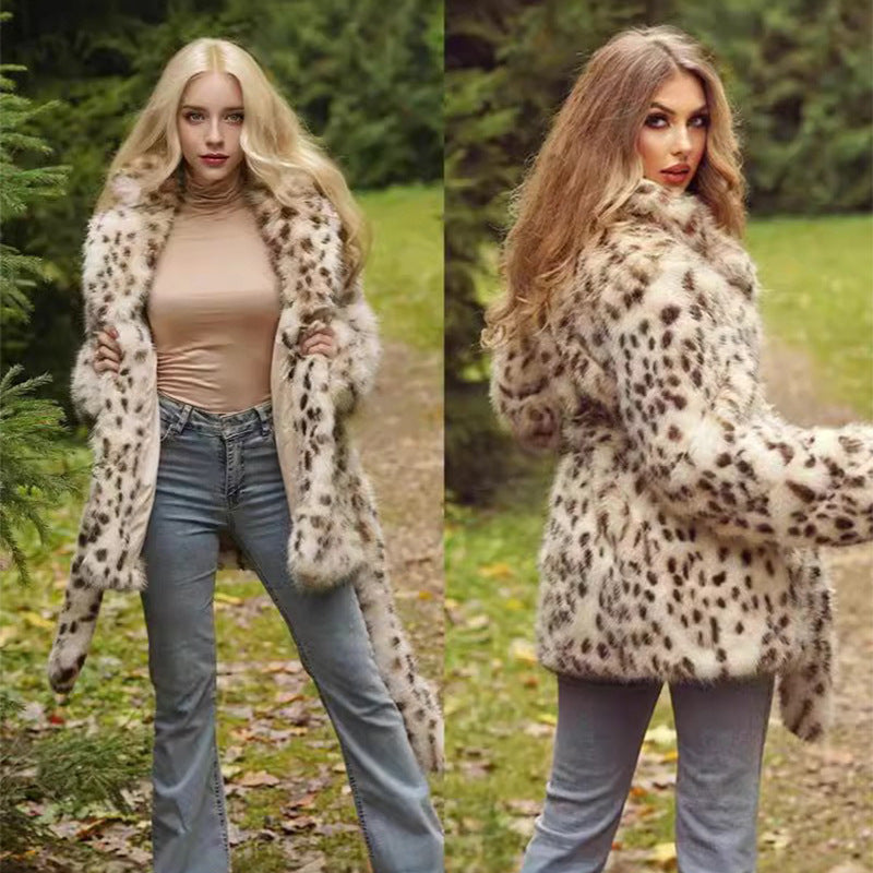 Europe, America, autumn and winter, new plus size women's fur leopard coat, suit collar and long section.