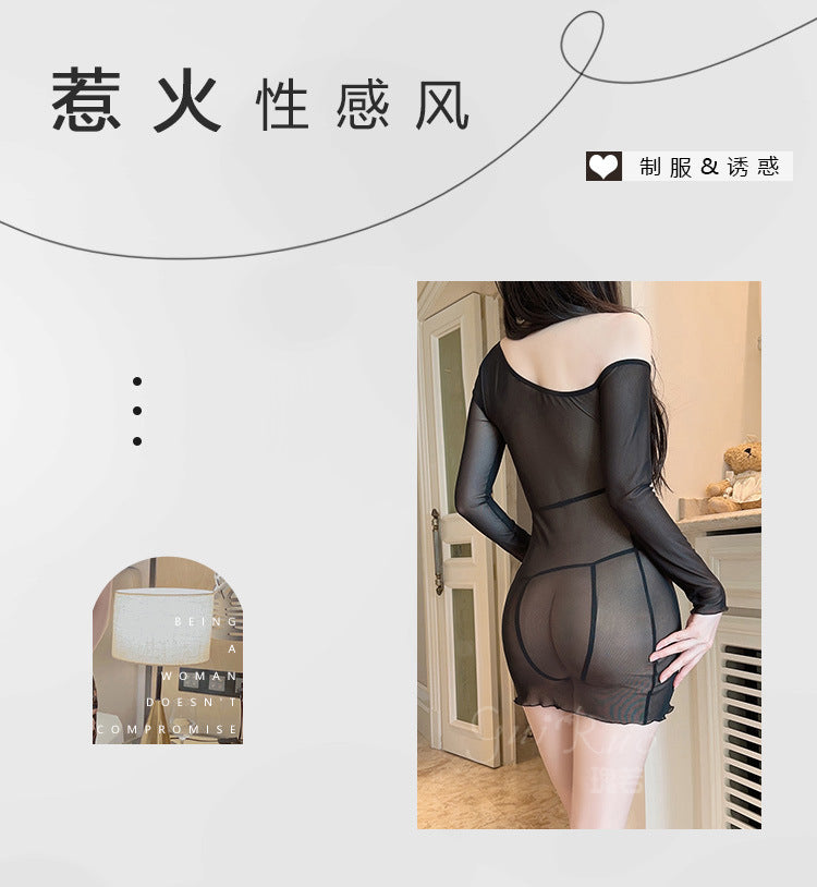 DZ Gorgeous New Style Sexy Lingerie Passionate Hot Open Crotch Bodysuit Pure Desire See-through Mesh Nightdress Set4780