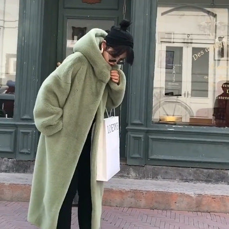 New Korean version of mink fur thick loose plush hooded long coat.