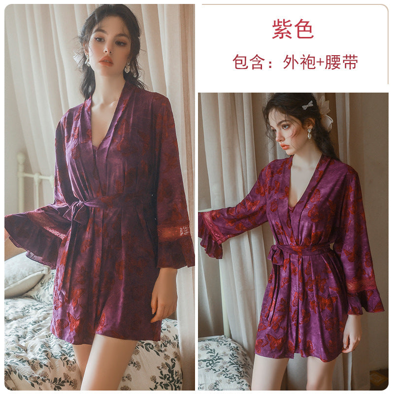 DZ Gorgeous Sexy Backless Nightdress Pure Desire Sweet Butterfly Print with Chest Pads Sleepwear Robe Women's Set QJ5286