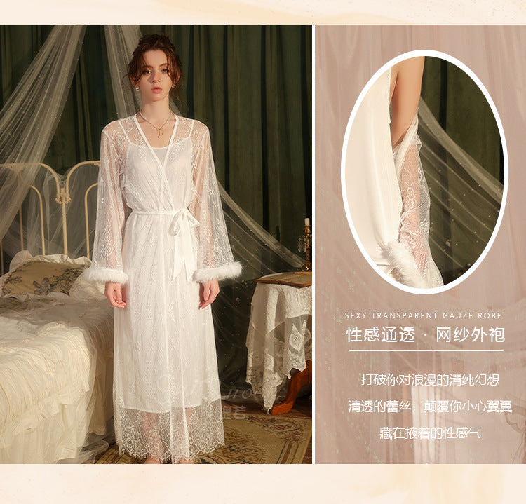 DZ Magnificent Pure Desire Backless V Lure Collar Ice Silk Camisole Nightdress Mesh Robe Women's Homewear Set5485