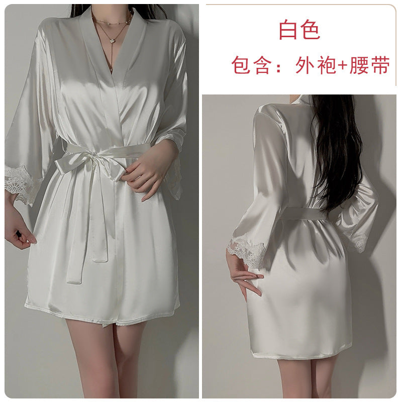 DZ Magnificent and fiery deep V Low-Cut Lingerie Pure Desire Simple Smooth Ice Silk Nightdress Lace-Up Robe Women's Set5149