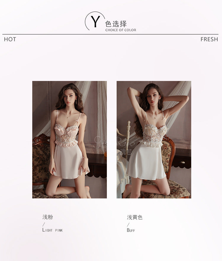 DZ Luxurious Plus Size Light Luxury Ice Silk Lingerie Passionate Hot Backless Sexy Padded Nightdress Robe Set4973