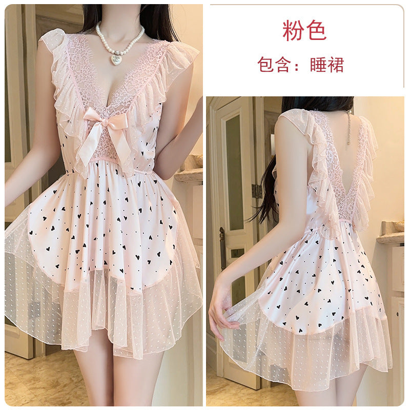 DZ Gorgeous Passionate Hot Low-Cut Nightdress Light Luxury Sheer Mesh Lace Sexy Satin Nightgown Women's Set5205