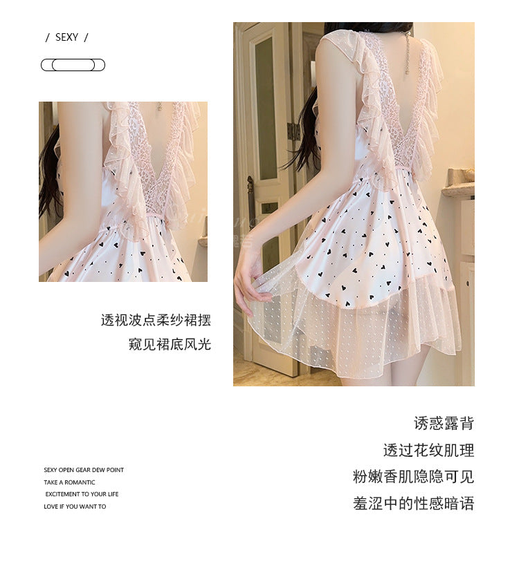 DZ Gorgeous Passionate Hot Low-Cut Nightdress Light Luxury Sheer Mesh Lace Sexy Satin Nightgown Women's Set5205