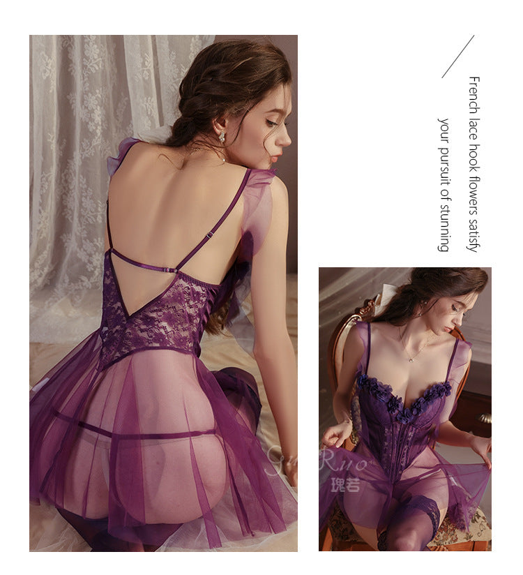 DZ Gorgeous Plus Size Lingerie Passionate Temptation Sheer Mesh Lazy Sleepwear with Chest Pads Sexy Set A5144