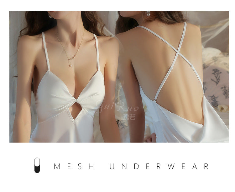 DZ Graceful Lady Sweet Light Luxury Satin Lingerie Passionate Hot Chest Pad Backless Nightdress Robe Set5591