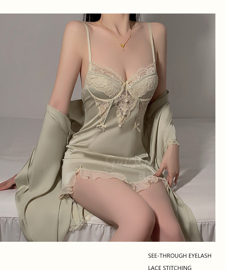 DZ Gorgeous Sexy Underwire Nightdress with Chest Pads, Comfortable Robe, Plus Size Pure Desire Homewear Set4240