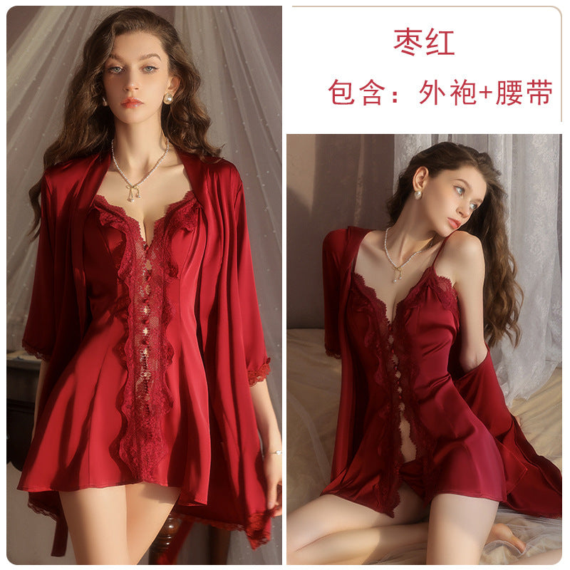 DZ Luxurious Smooth Ice Silk Nightdress Sexy Sheer Lace Deep V Open-front Nightdress and Robe Women's Set5219