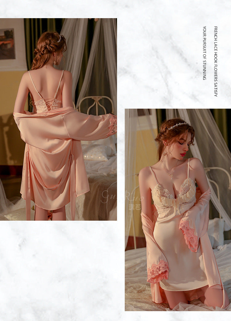 DZ Gorgeous Sexy Palace Style Padded Strap Nightdress Lace Robe Pure Desire Women's Homewear Set J2708