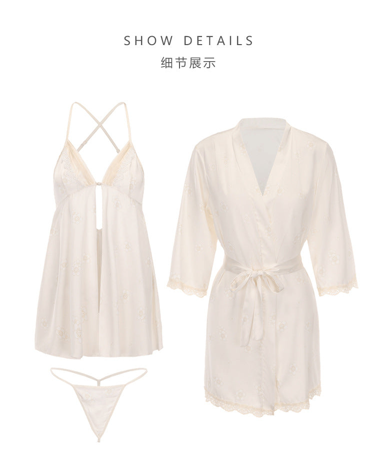 DZ Luxurious Plus Size Satin Lingerie Passionate Hot Slit Sexy Backless Nightdress Robe Women's Set5207