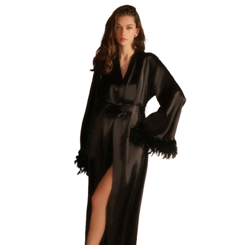 DZ Gorgeous Plus Size Ice Silk Temptation Nightgown Sexy Hot Waist-Cinching Lazy Deep V Open-front Robe Women's Set5711