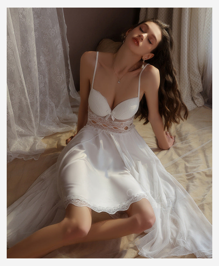 DZ Magnificent Plus Size Pure Desire Ice Silk Underwear Deep V Padded Temptation Lace Nightdress Robe Women's Set XJ5369