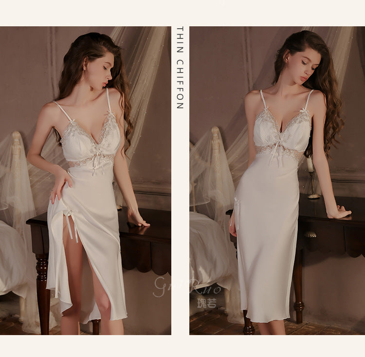 DZ Gorgeous Autumn Winter Sexy Slit Nightdress with Chest Pads Gathered Strap Nightgown Robe Homewear Set P4200