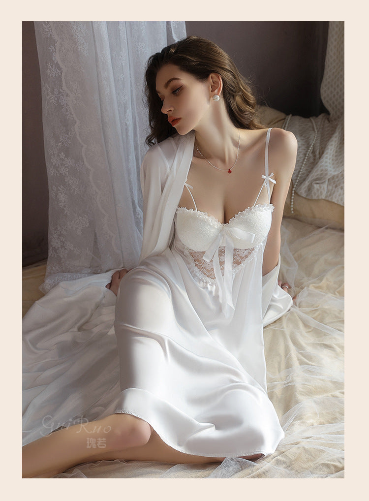 DZ Gorgeous Sexy Satin Nightdress Light Luxury Sweet Lace Deep V Gathered Padded Nightdress and Robe Set5045