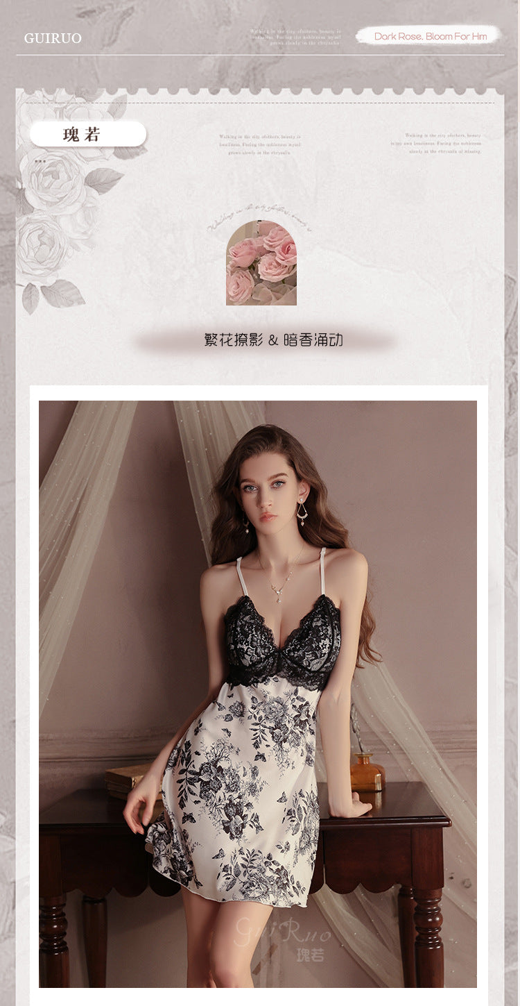 DZ Gorgeous Sweet Floral Sexy Nightdress Pure Desire with Chest Pads Sheer Lace Plus Size Nightgown Home Set4900