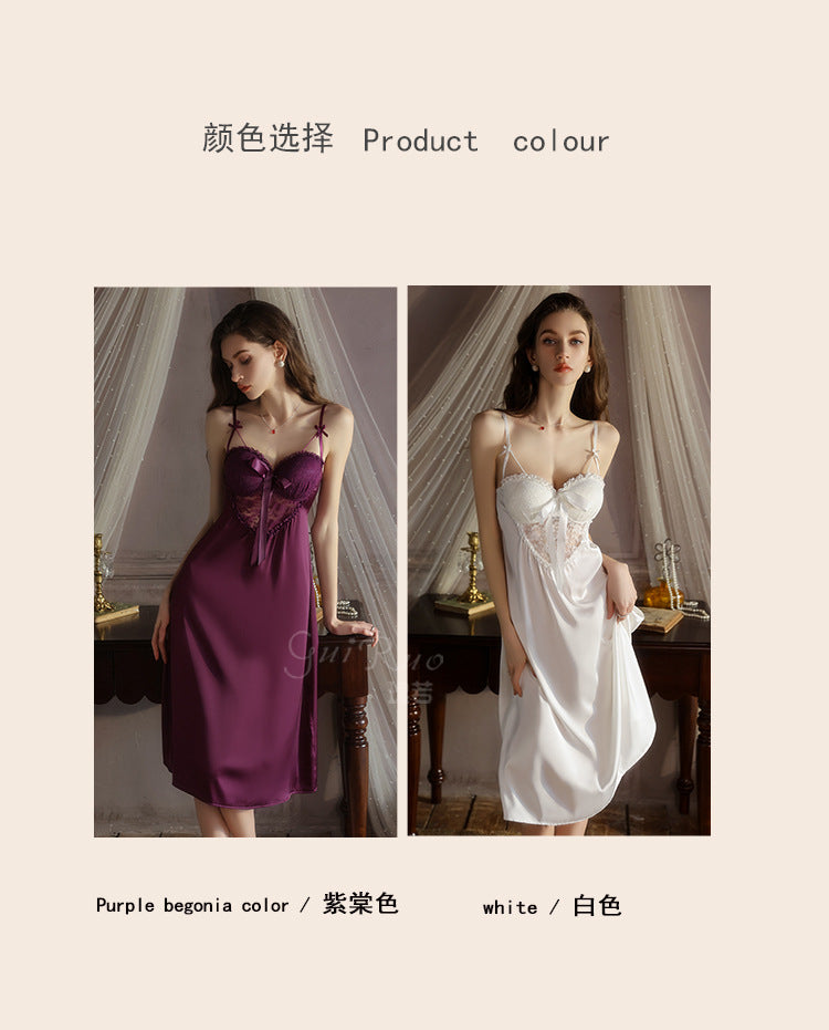 DZ Gorgeous Sexy Satin Nightdress Light Luxury Sweet Lace Deep V Gathered Padded Nightdress and Robe Set5045