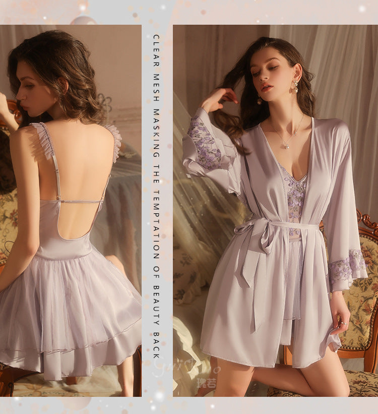 DZ Luxurious Ice Silk Lingerie Sweet Temptation Lace Deep V Padded Nightdress with Open Front Robe Set M5516