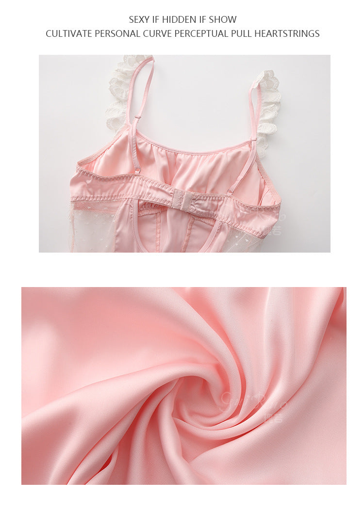 DZ Luxurious Plus Size Satin Nightgown Deep V Backless Pure Desire Sweet Nightdress with Chest Pads Home Set5395