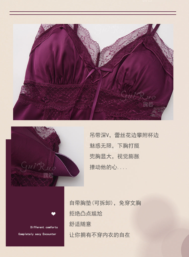 DZ Elegant Plus Size Women's Ice Silk Nightgown Deep V Gathered Padded Pure Desire Lace Nightdress and Robe Set5237