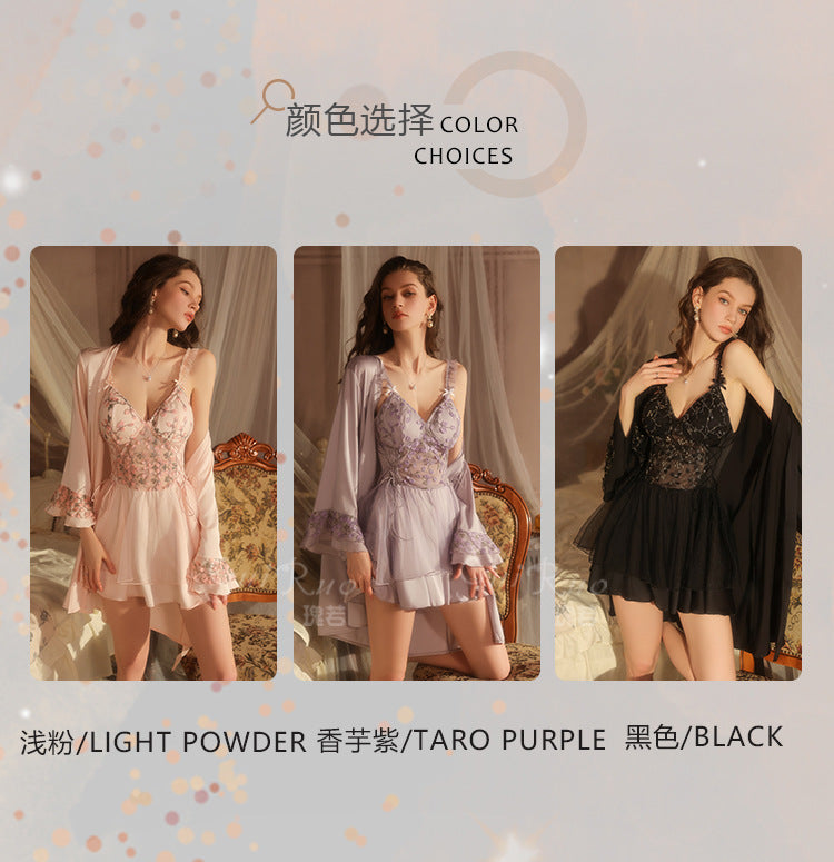 DZ Luxurious Ice Silk Lingerie Sweet Temptation Lace Deep V Padded Nightdress with Open Front Robe Set M5516