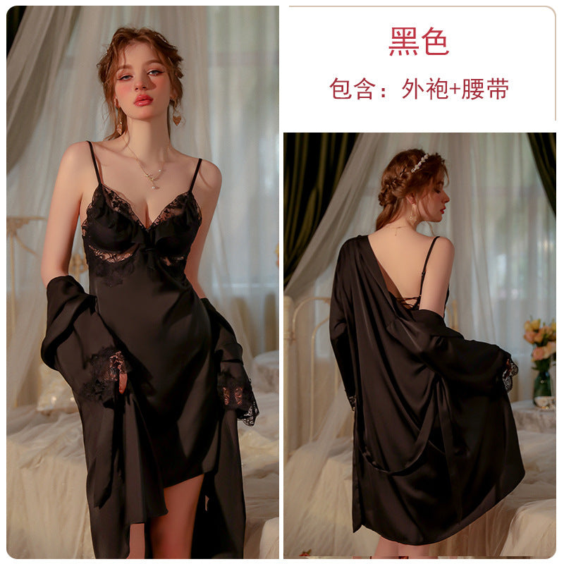 DZ Gorgeous Sexy Palace Style Padded Strap Nightdress Lace Robe Pure Desire Women's Homewear Set J2708