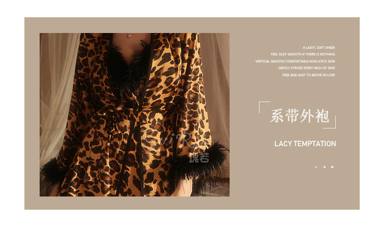DZ Rose-like Deep V Sexy Women's Nightdress Lazy Fluffy Decor Pure Desire Leopard Print Satin Nightgown Robe Set5713